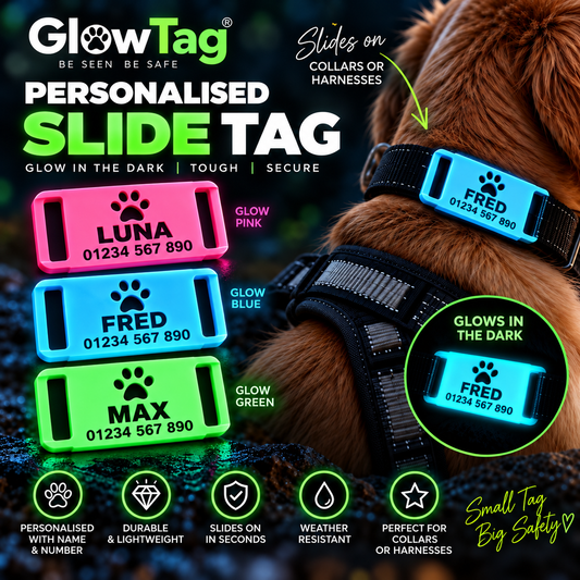 Personalised Glow in the Dark Slide Dog Tag – Name & Phone Number Collar Tag