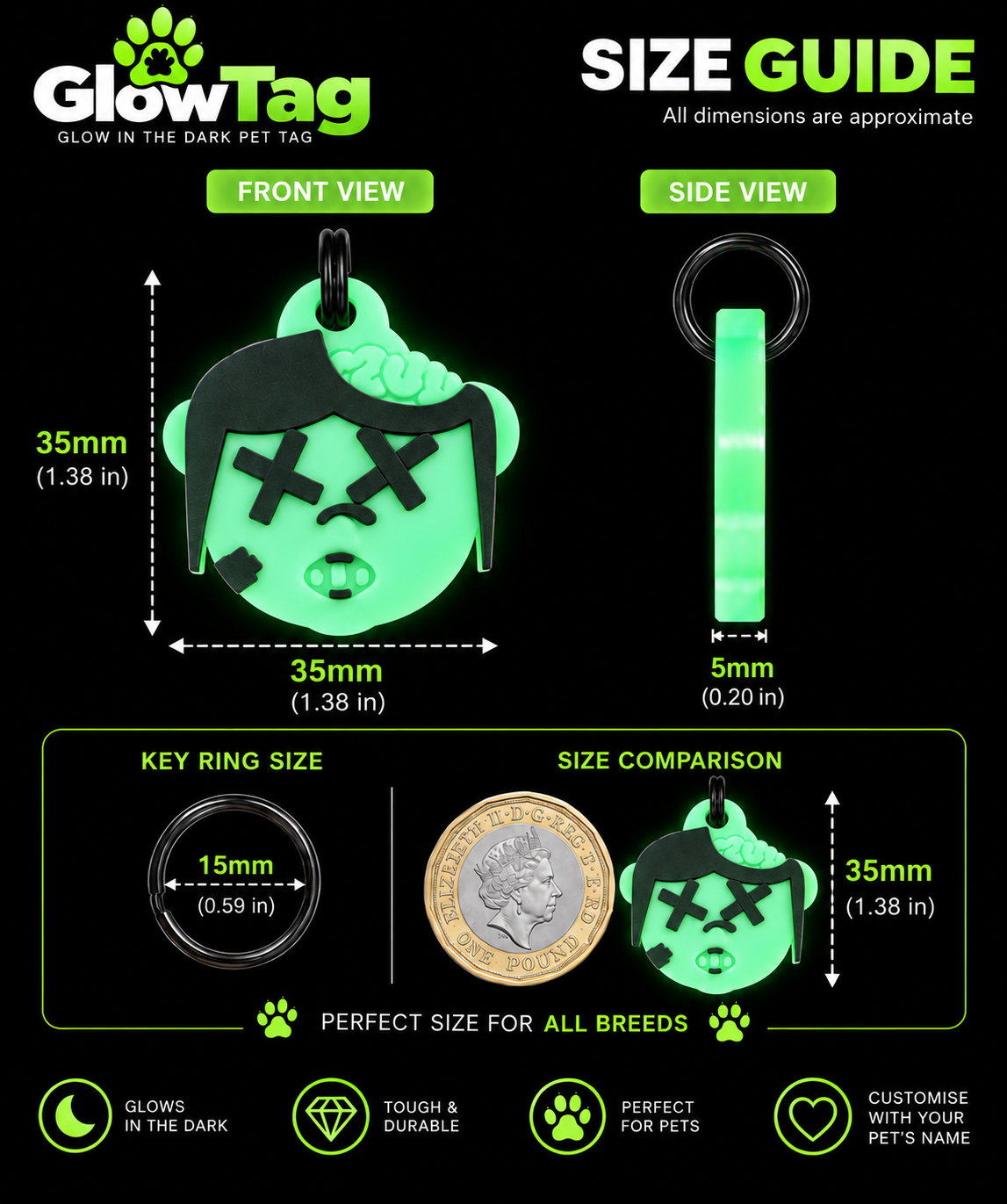 Glow in the Dark Zombie Dog Tag – 35mm Halloween Pet Tag