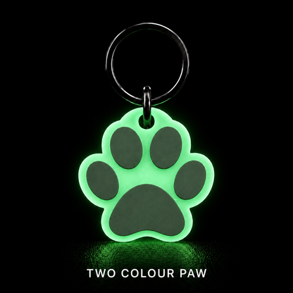 Glow in the Dark Dog Tag – Two Colour Paw Shape Tag, 25mm & 35mm