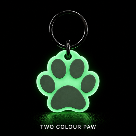 Glow in the Dark Dog Tag – Two Colour Paw Shape Tag, 25mm & 35mm