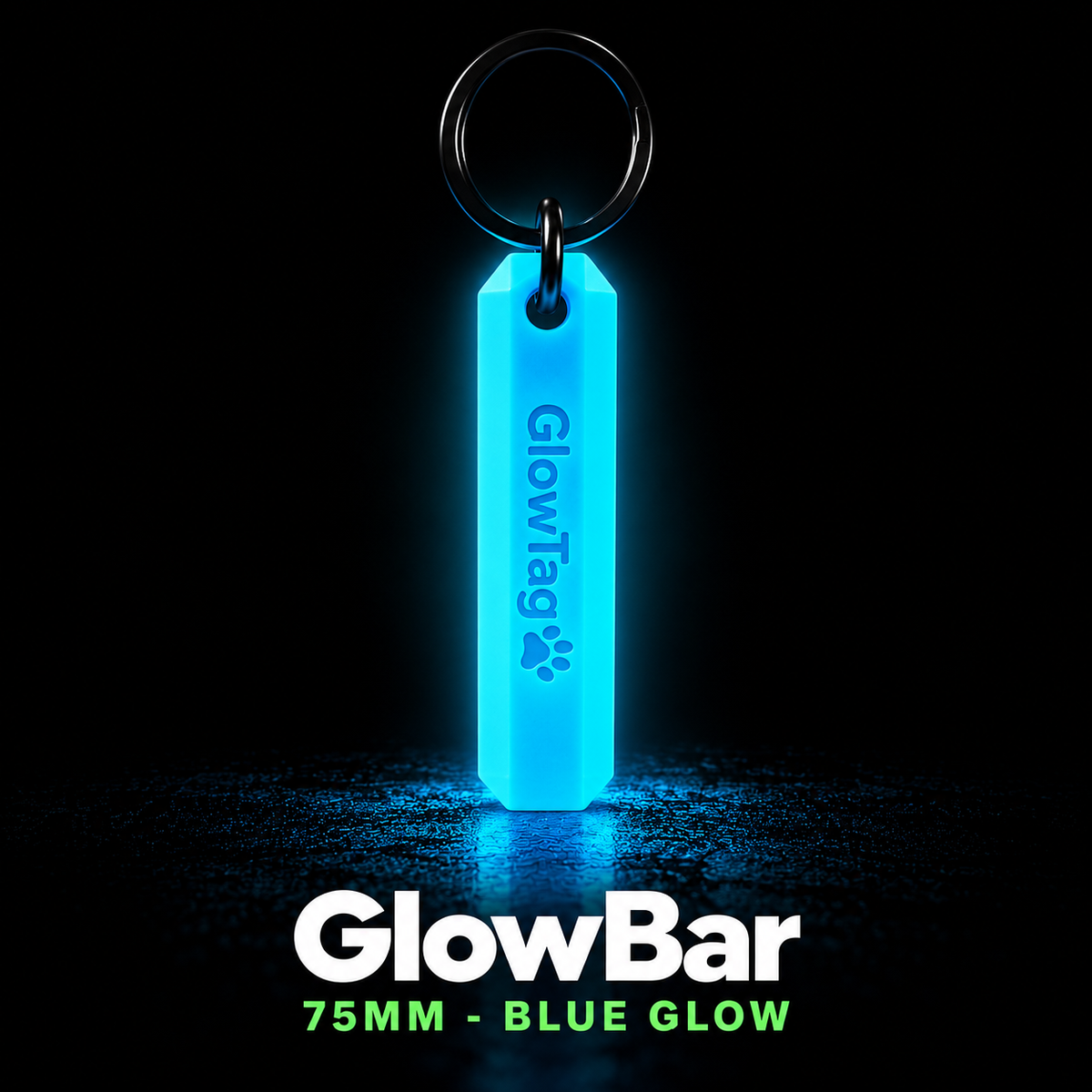 GlowBar 75mm glow in the dark keyring glowing blue in the dark, with black split ring