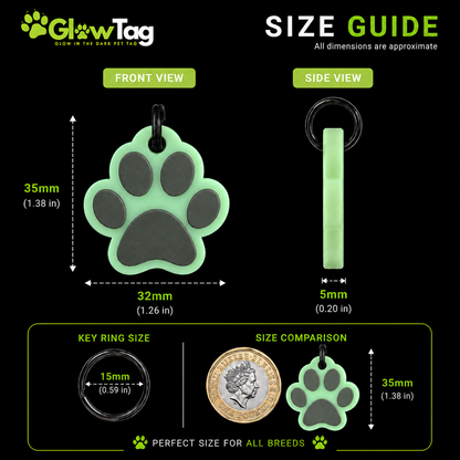 Glow in the Dark Dog Tag – Two Colour Paw Shape Tag, 25mm & 35mm