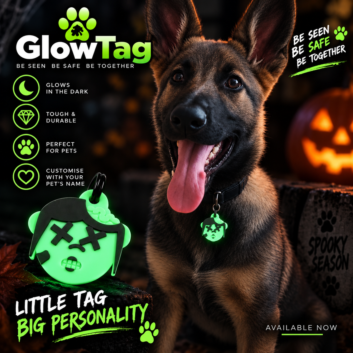 Glow in the Dark Zombie Dog Tag – 35mm Halloween Pet Tag