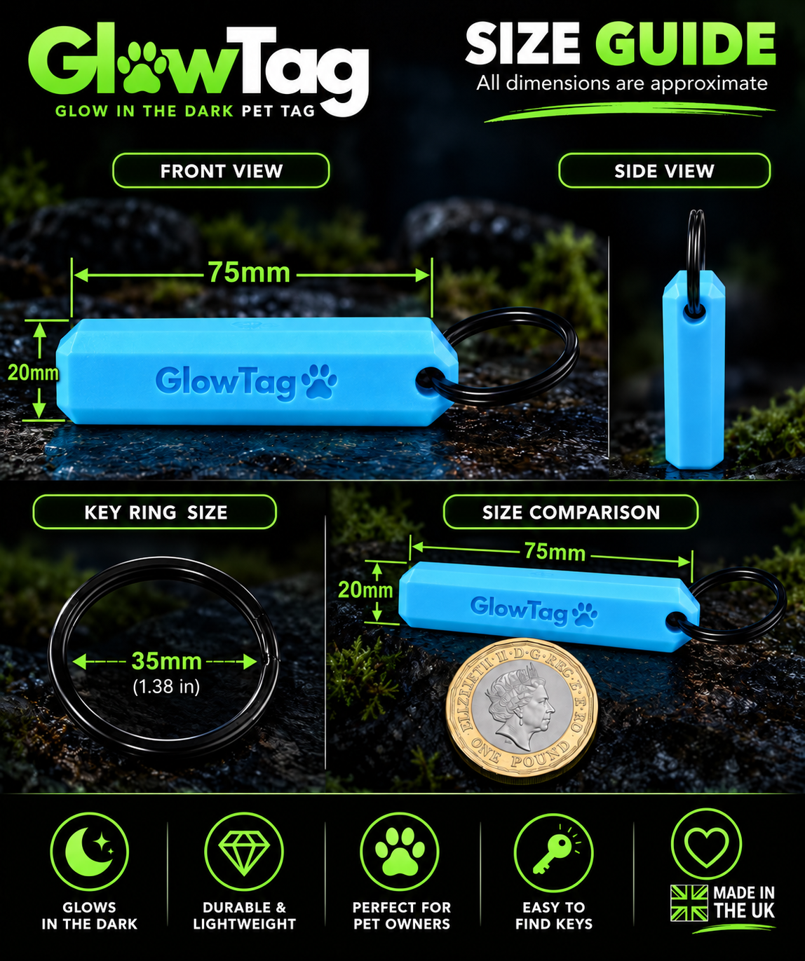 GlowBar size guide showing front and side views, 35mm key ring and size next to a £1 coin