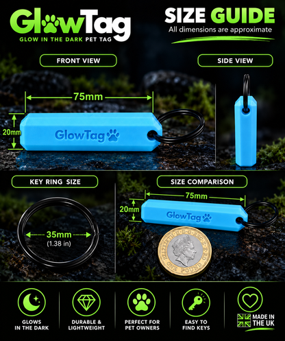 GlowBar size guide showing front and side views, 35mm key ring and size next to a £1 coin