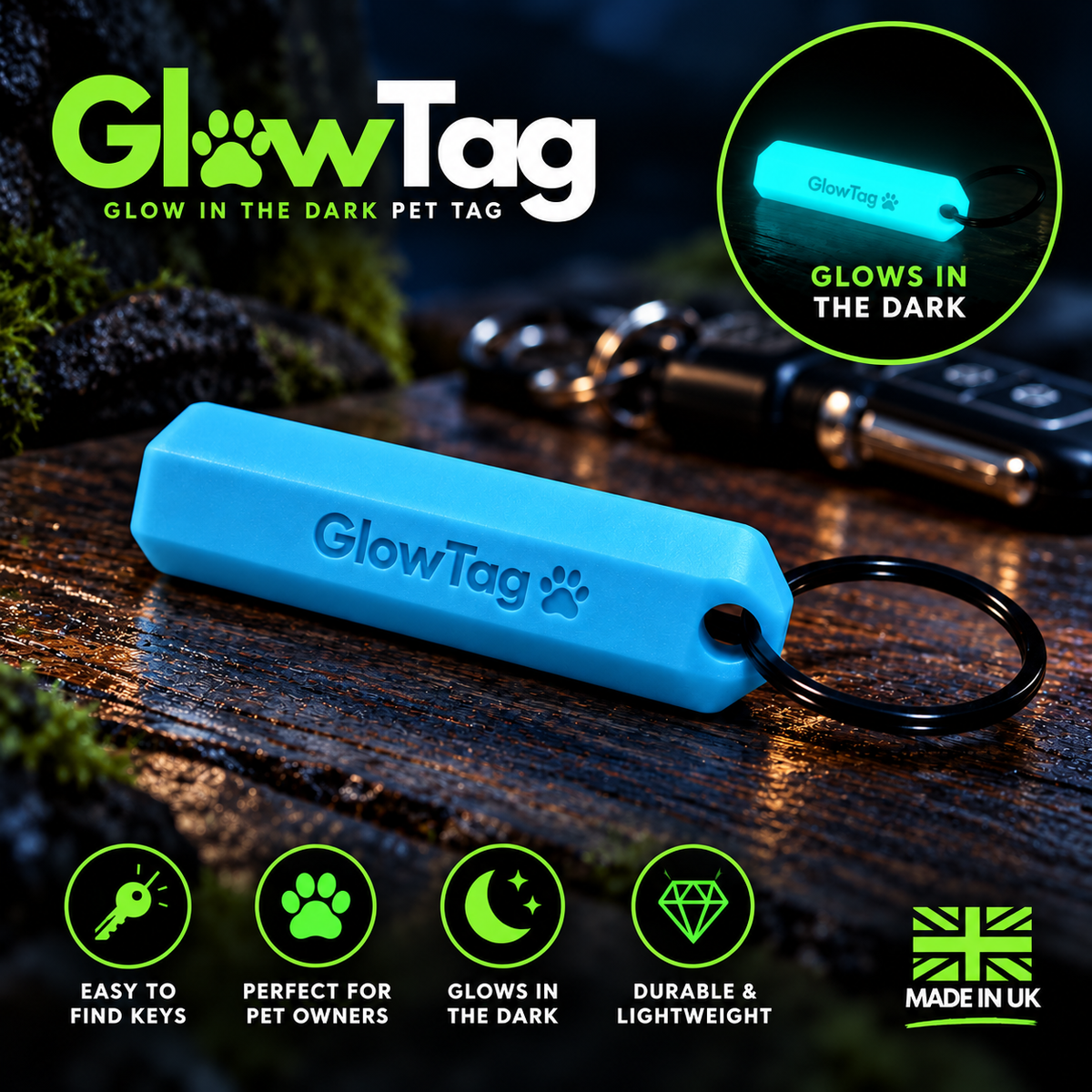 GlowTag GlowBar glow in the dark keyring for pet owners' keys and dog leads, shown in daylight and glowing in the dark