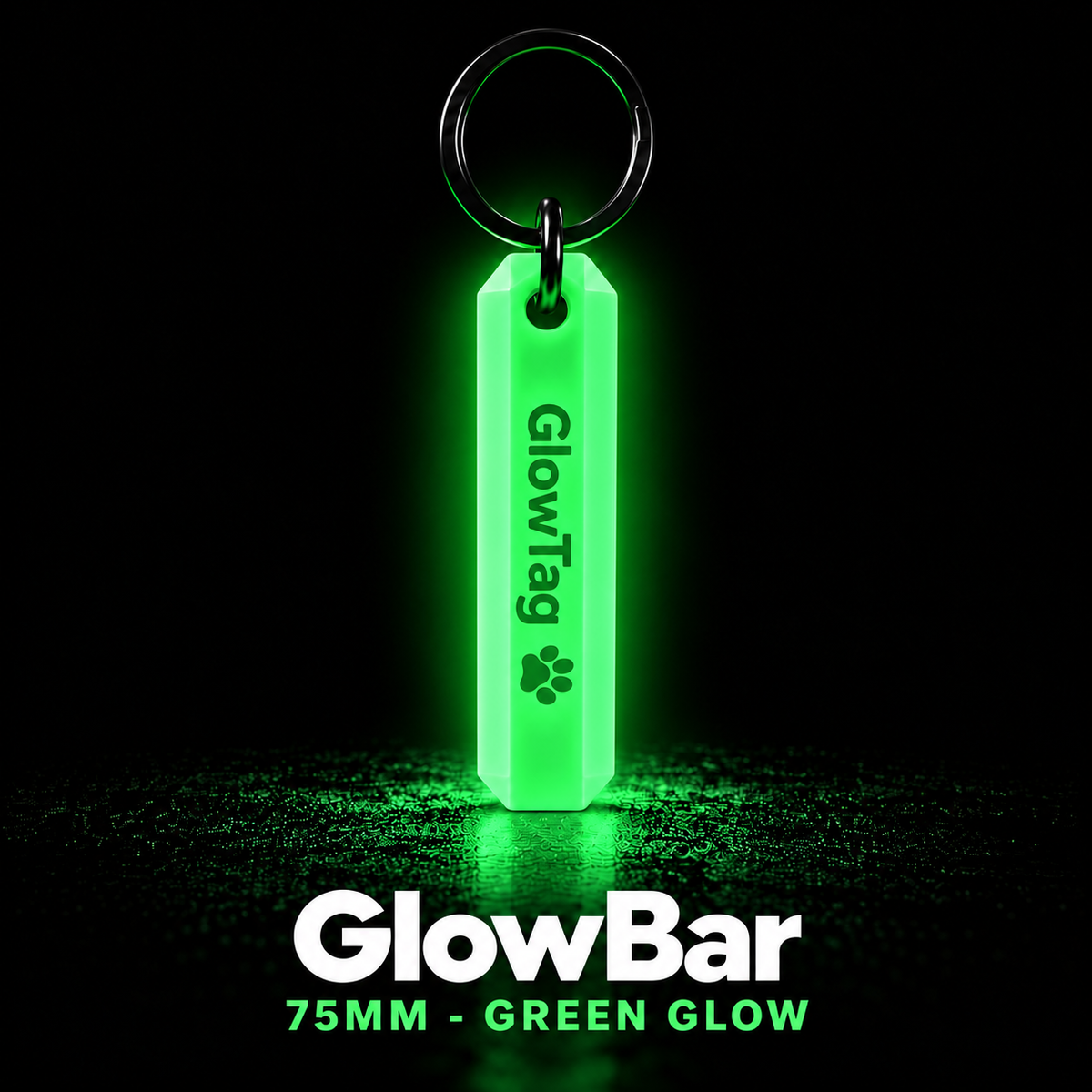 GlowBar 75mm glow in the dark keyring glowing green in the dark, with black split ring