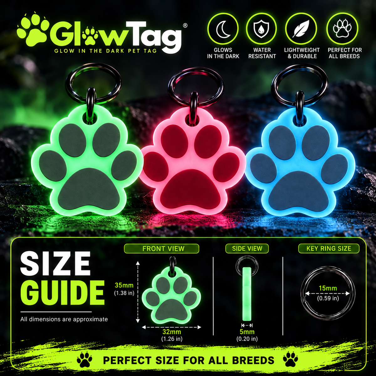 Glow in the Dark Dog Tag – Two Colour Paw Shape Tag, 25mm & 35mm